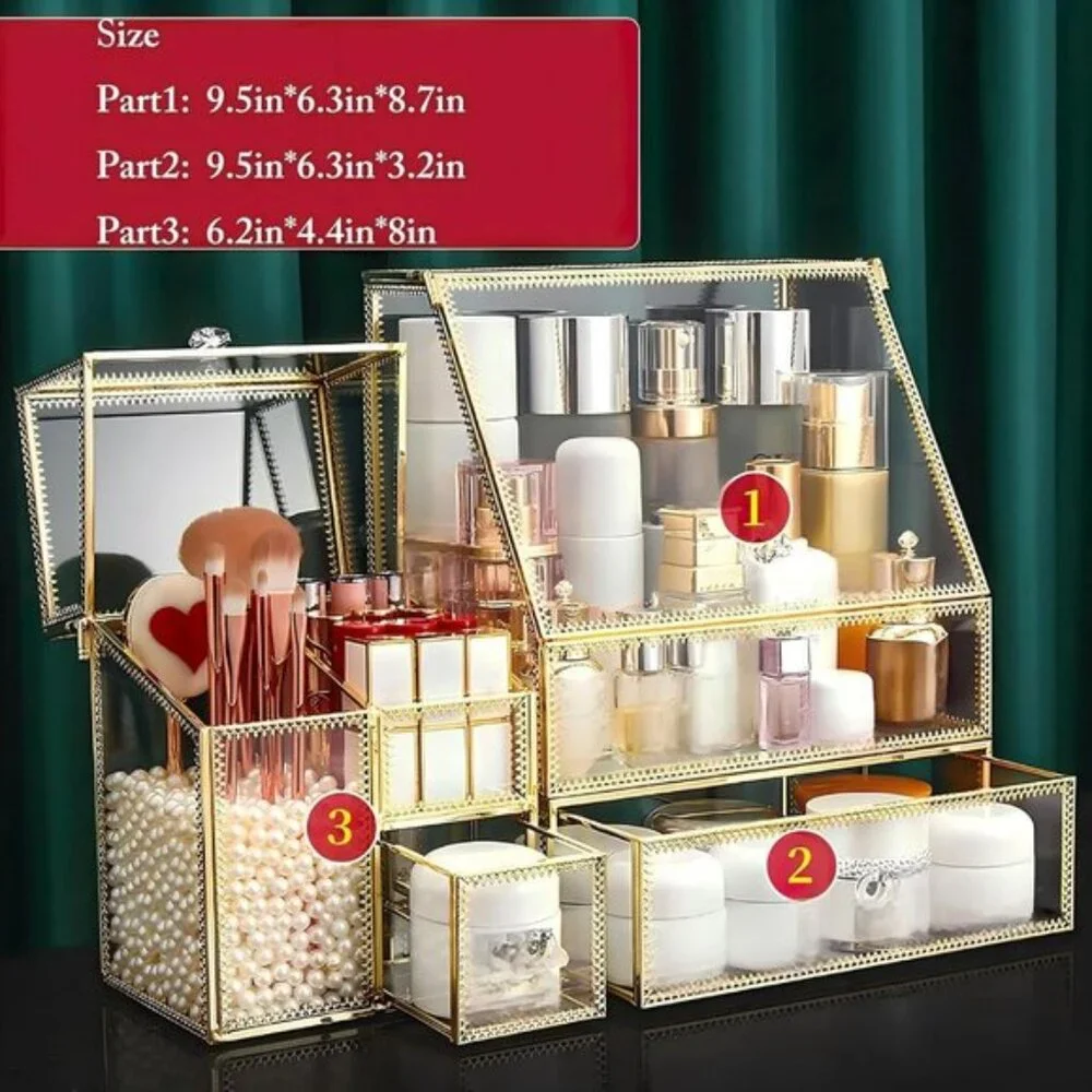 New Large Glass Makeup Organizer Drawer Set, 16In Beauty & Cosmetic Storage Box
